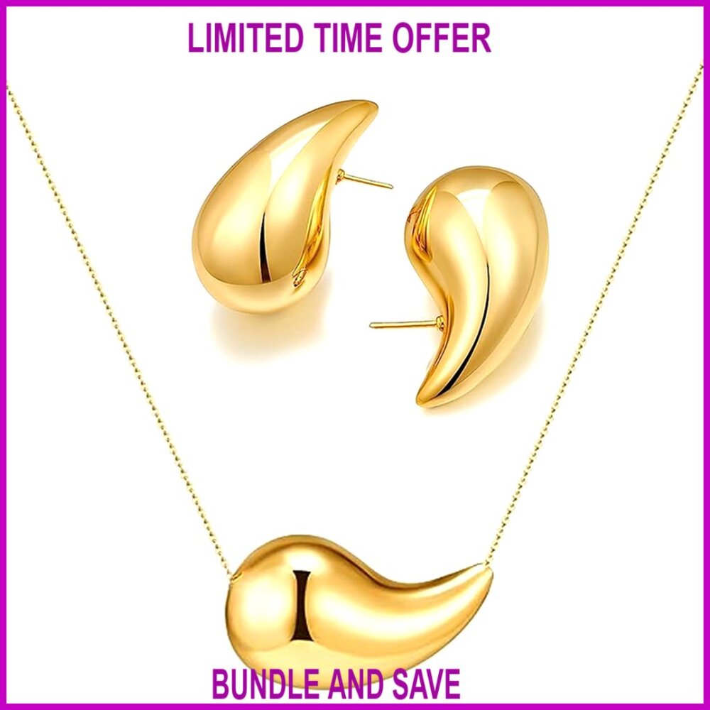 14K Gold Plated Teardrop Necklace Earrings Set, Hypoallergenic Dainty Jewelry